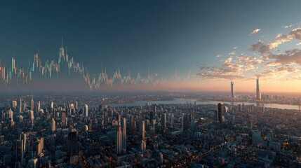 A sprawling city skyline at sunset with a digital stock market graph overlay blending urban life and financial data.