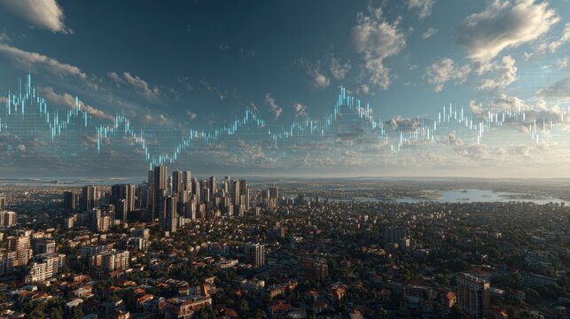 A panoramic cityscape shows a sprawling urban skyline under a partly cloudy sky with digital stock market graphs superimposed in the air.