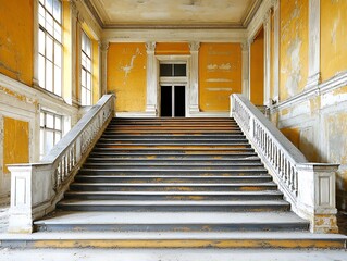 Obraz premium A dilapidated staircase inside a building with painted yellow walls