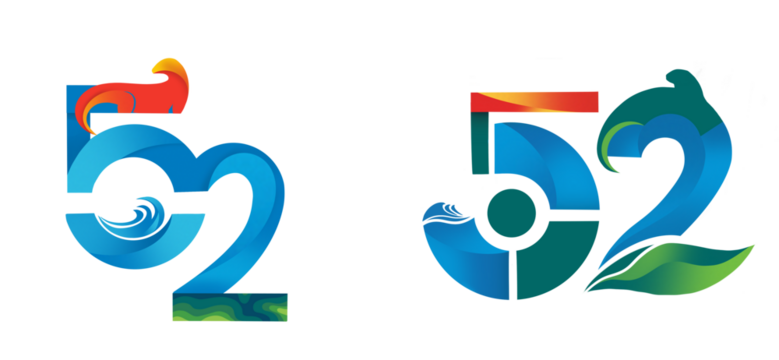Creative number 52 logo design inspired by elements of flora and fauna, blending natural motifs such ocean and forest symbolizing nature, growth, and calmness