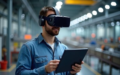 VR Factory Worker Using Tablet & Headset. High quality