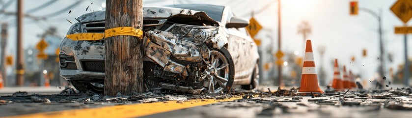 A heavily damaged white car crashed into a wooden utility pole on a city street, surrounded by debris and traffic cones.