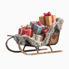 Wooden Sleigh Overflowing with Christmas Presents, Snow Falling