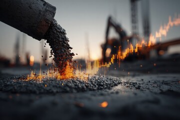 Concrete pouring at a construction site with added digital financial graph overlay, symbolizing growth and industry progress.