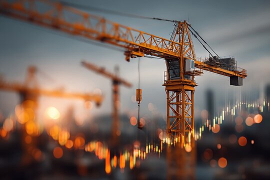 Tower cranes at a construction site with blurred city lights and financial graph overlays, symbolizing growth and development. - Powered by Adobe