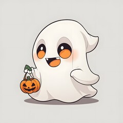 Cute cartoon ghost holding a jack o lantern pumpkin