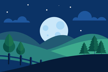 Naklejka premium Serene Nightscape Moonlit Hills, Starry Sky, and Gentle Landscape