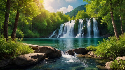 Sunset over the mountain river in the Altai mountains