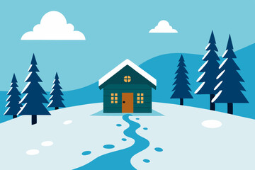 Fototapeta premium Winter landscape with cozy house and snow-covered trees, perfect for a Christmas holiday card illustration