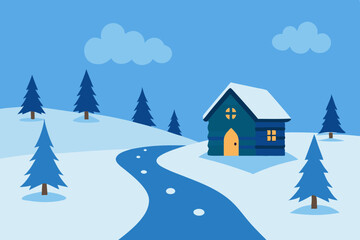Naklejka premium Winter landscape with cozy house and snow-covered trees, perfect for a Christmas holiday card illustration