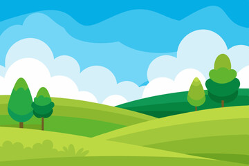 Obraz premium A vibrant summer landscape illustrates a serene meadow with a bench under a clear blue sky and fluffy clouds