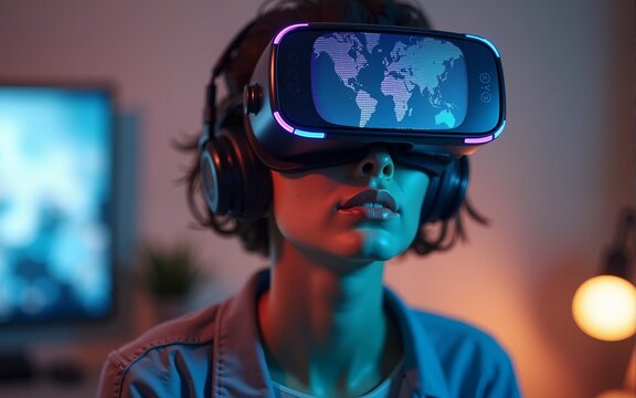Young Creative Female Wearing a Virtual Reality Headset at Home. Woman Enters Digital Internet 3D Universe with Avatars of Other People. Next Generation Social Media Online Metaverse Platform.