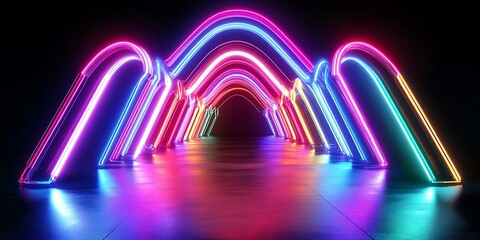 Neon light shapes on black background, rainbow colors, fashion show stage, abstract background, 3d rendering, conceptual.