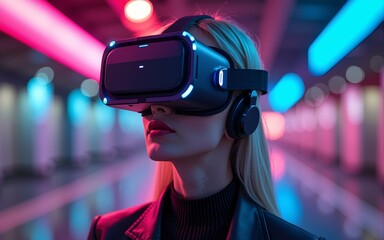 vr headset, metaverse, woman, futuristic, virtual world, state of consciousness, technology, neon, punk, fantasy. High quality