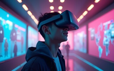 young man enters virtual world with vr glasses. Introduction to the new future metaverse universe. High quality