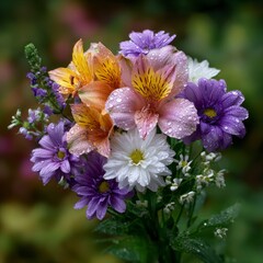 Vibrant Flower Bouquet with Water Droplets