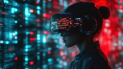 A futuristic cyber hacker reading encrypted thoughts through a digital headset 