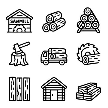 A set of doodle line icons representing lumber production, sawmill tools, wood processing, timber transport, chopping, and log cabins