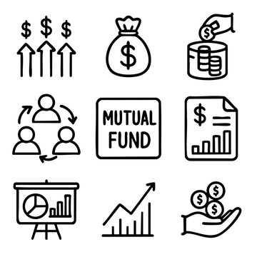 A set of doodle line icons illustrating mutual fund concepts, investment growth, finance reports, group funding, profit, and financial planning