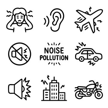 A set of doodle line icons depicting noise pollution sources such as vehicles, loudspeakers, airplanes, and the effects on human hearing