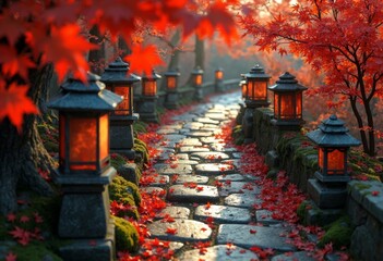 Autumn Stone Path Lantern Road