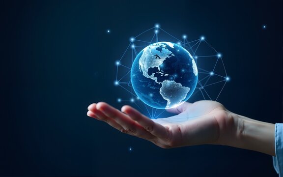 digital technology security concept Wireless connection of the global Internet communication network. Abstract globe resting on human hand with interconnected polygons on dark blue background.