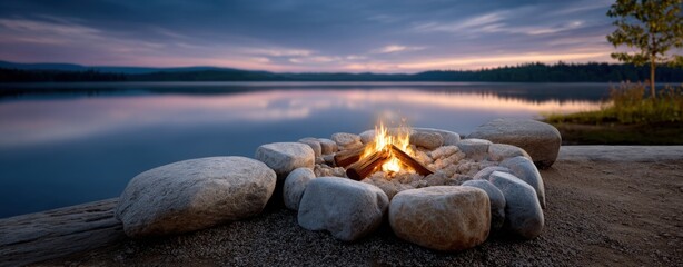 A quiet lakeside campsite glows with a warm bonfire led amongst rocks under the twilight sky, inviting peaceful reflection and natural beauty du dusk.