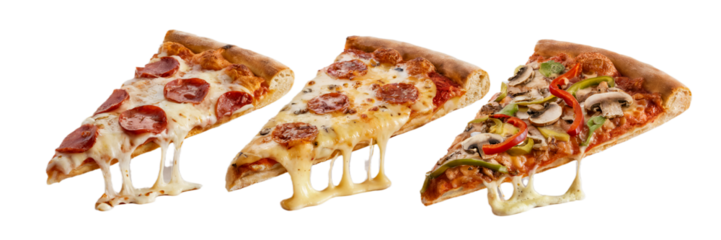 Delicious pepperoni and vegetable pizza slices with melted on transparent background hot