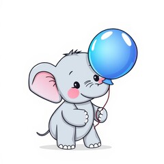 Fototapeta premium Adorable Baby Elephant with Light Blue Balloon on White Background