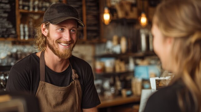 Man with a beard and a hat is smiling at a woman behind the counter
