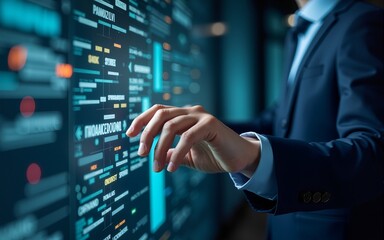 Business man using computer hand close up futuristic cyber space decentralized finance AI chatbot coding background business data analytics programming network metaverse digital world technology