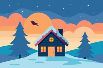 Fototapeta premium A festive Christmas house nestled in a snowy winter landscape with twinkling lights and a decorated tree