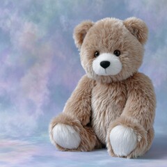 Fototapeta premium Adorable Light Brown Teddy Bear on Soft Purple and Blue Background
