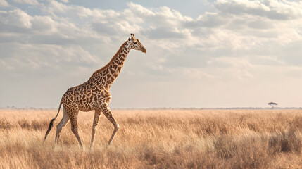 Obraz premium Majestic giraffe strolling across the african savanna under a cloudy and expansive sky