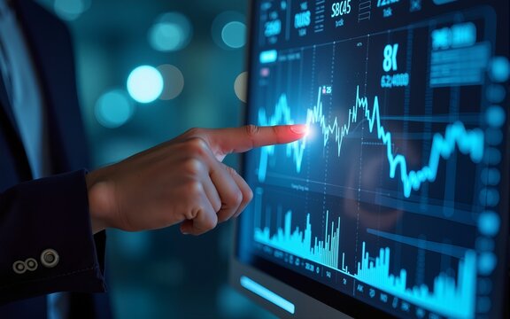 Data science, business analysis and strategy, big data concept.Business teamwork analyzing financial graph on virtual touch screen, futuristic technology solution for business. High quality