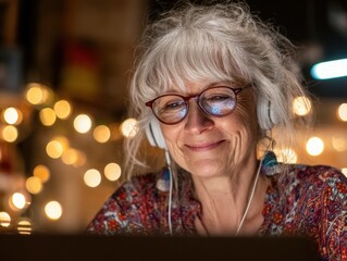 Joyful woman engaging with technology at home lifestyle cozy environment intimate viewpoint
