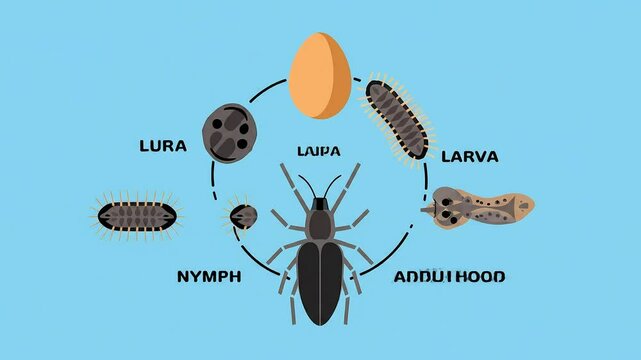Animated infographic of an insect's life cycle, showing the stages of metamorphosis from egg, larva, and pupa to the final adult stage