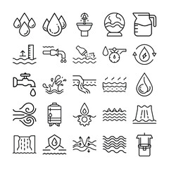 Collection of Water Related Icons Representing Resources Conservation and Hydrological Processes
