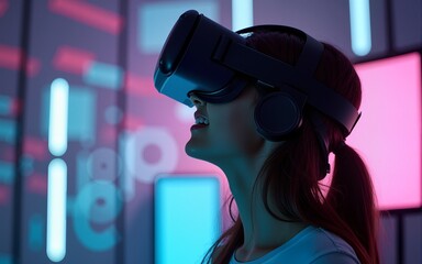 woman using digital device technology googles headset looking into the world of metaverse virtual reality. High quality