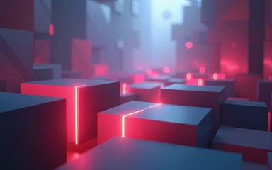 Abstract cubic elements with glowing edges in a hazy, surreal digital space. High quality