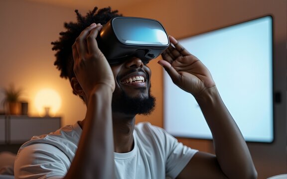 African American man putting on VR headset and looking around with smile while exploring futuristic cyberspace in living room at home. High quality