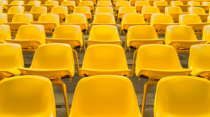 Symmetrical yellow stadium seats from above, a serene geometric pattern of empty spaces

