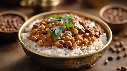 Kidney Bean Curry (Rajma Masala) Over Rice in Golden Bowl, Garnished with Cilantro