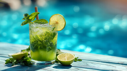Refreshing mojito cocktail with lime and mint served near a sparkling pool in sunlight