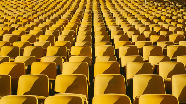 Symmetrical yellow stadium seats from above, a serene geometric pattern of empty spaces

