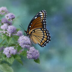 Fototapeta premium Orange Black Butterfly on Purple Flowers Soft Focus Bokeh Background