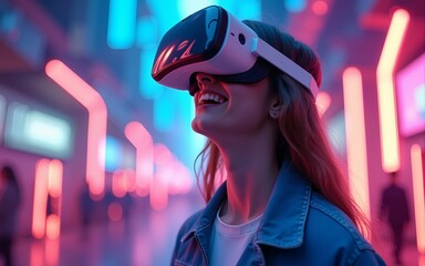 Future game and entertainment digital technology. Teenager having fun play VR virtual reality glasses sport game 3D cyber space futuristic neon colorful virtual metaverse background. High quality