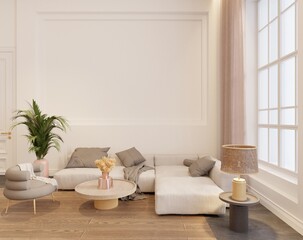 3D render cozy modern living room interior with minimalist furniture in neutral tones, soft natural light from large windows, and elegant decor elements.