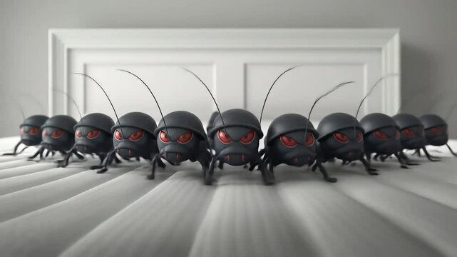 A menacing army of 3D cartoon pests with glowing red eyes and helmets marches across a mattress, representing a severe home infestation