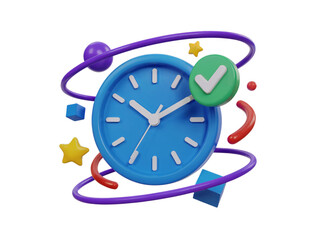Colorful 3d clock design with checkmark and stars red fun blue on transparent background